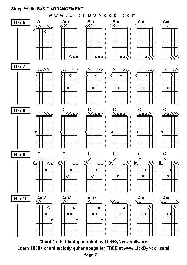 Chord Grids Chart of chord melody fingerstyle guitar song-Sleep Walk- BASIC ARRANGEMENT,generated by LickByNeck software.